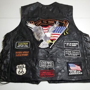 Diamond Plate Genuine Buffalo Leather Biker Vest Patches Size 46 Black